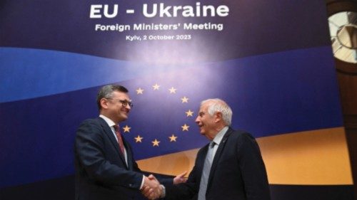 Ukrainian Foreign Minister Dmytro Kuleba and European Union Foreign Policy Chief Josep Borrell shake ...