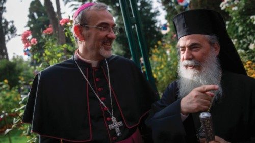 Catholic Patriarch of Jerusalem Pierbattista Pizzaballa and Greek Orthodox Patriach of Jerusalem ...
