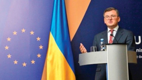 EU High Representative for Foreign Affairs and Security Policy Josep Borrell (L) and Ukraine's ...