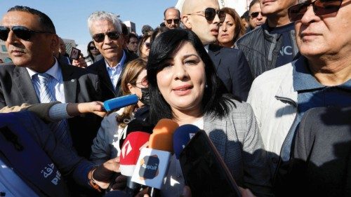 FILE PHOTO: President of Tunisia's Free Destourian Party Abir Moussi speaks to the media during a ...