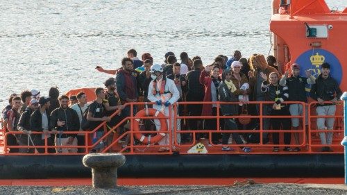epa10920012 Migrants are taken to Naos Port in Arrecife, Lanzarote, Canary Islands, Spain, following ...