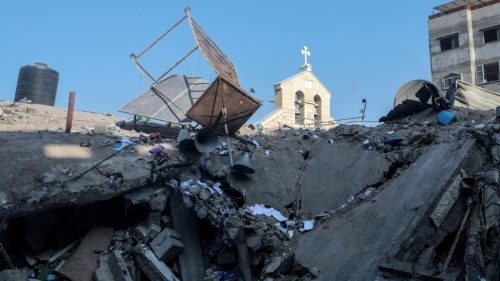 epa10928617 The damaged Greek Orthodox Saint Porphyrius Church following an overnight airstrike in ...