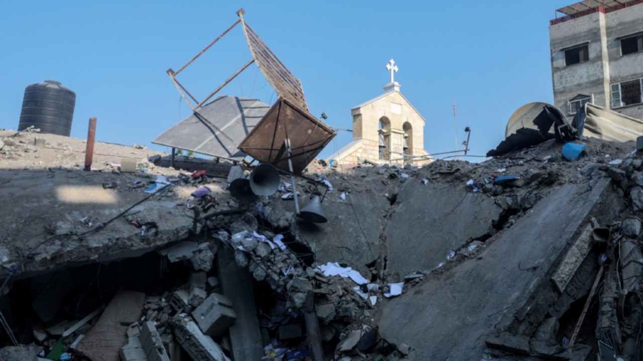epa10928617 The damaged Greek Orthodox Saint Porphyrius Church following an overnight airstrike in ...