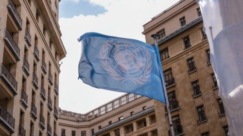 epa10954421 A United Nations flag flutters in the European Quarter during strong wind caused by ...