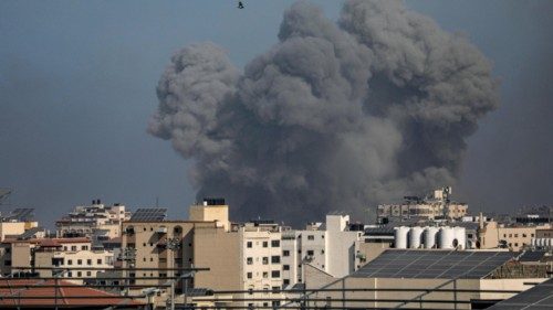epa10960265 Smoke rises following an Israeli air strike in the northern Gaza Strip, 06 November ...