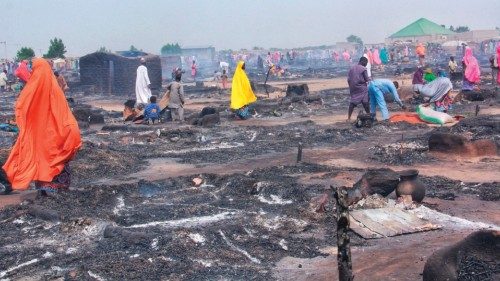 A general view of destruction caused after a fire broke out at Muna Alamdiri camp near Maiduguri on ...