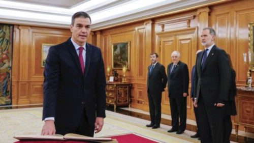 Spain's Prime Minister Pedro Sanchez takes the oath of office during a ceremony at Zarzuela Palace ...