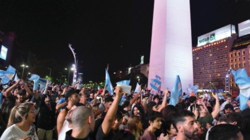 epa10985542 Supporters of the president-elect of Argentina, Javier Milei, celebrate in the streets ...