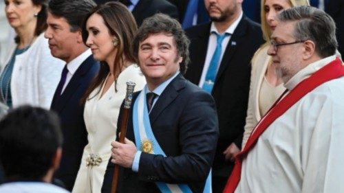 epa11022294 Javier Milei arrives at the tedeum ceremony, as part of the agenda for his inauguration ...