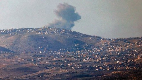 Smoke billows across the horizon along the hills in southern Lebanon from Israeli bombardment from a ...