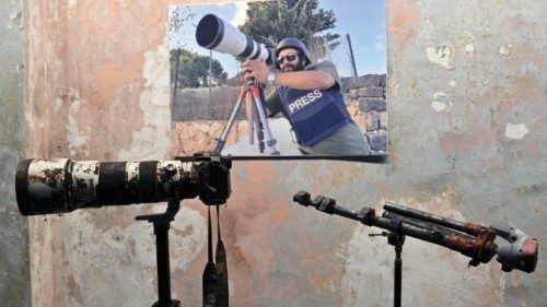epa11015443 The equipment of killed Reuters journalist Issam Abdallah on display during a press ... epa11015443 The equipment of killed Reuters journalist Issam Abdallah on display during a press ...