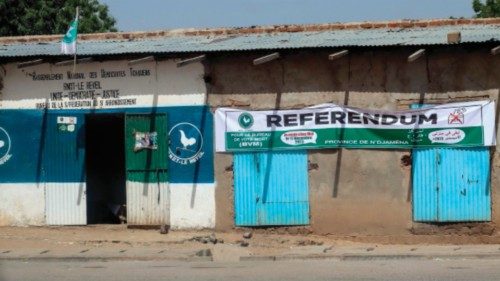 A general view of a banner of the National Rally for Democracy in Chad calling on citizens to stay ...