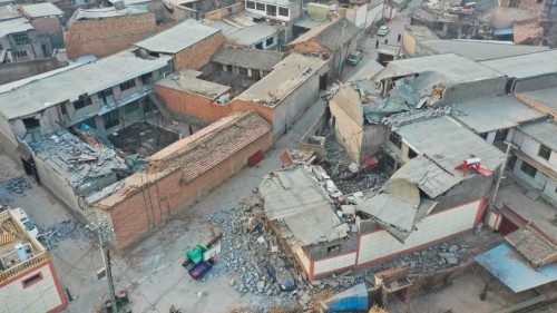 This aerial photo shows damage after an earthquake in Jishishan County, in northwest China?s Gansu ...