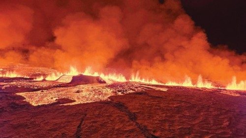 Billowing smoke and flowing lava turning the sky orange are seen in this Icelandic Department of ... Billowing smoke and flowing lava turning the sky orange are seen in this Icelandic Department of ...