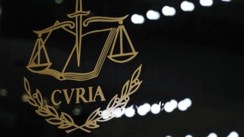 epa11039714 A logo of the Court of Justice of the European Union (CJEU) is seen on the Salle ...