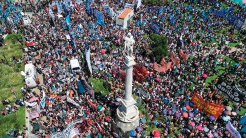 TOPSHOT - In this aerial view, members of labor unions protest against President Javier Milei?s ...