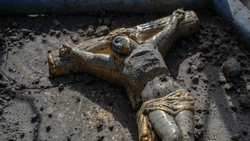 A small destroyed monument of Jesus, is seen in front of a house hit by Russian rocket at Zelenyi ... A small destroyed monument of Jesus, is seen in front of a house hit by Russian rocket at Zelenyi ...