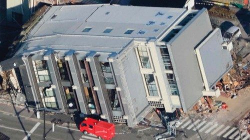 epa11053071 An aerial view shows a collapsed building after a strong earthquake, in Wajima, central ...