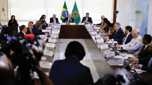 Brazil's President Luiz Inacio Lula da Silva speaks during a meeting with Brazilian ministers to ...