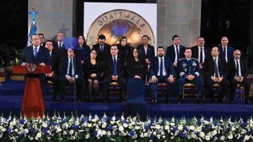 Guatemalan President Alejandro Giammattei (L) delivers a speech during a ceremony to present his ... Guatemalan President Alejandro Giammattei (L) delivers a speech during a ceremony to present his ...