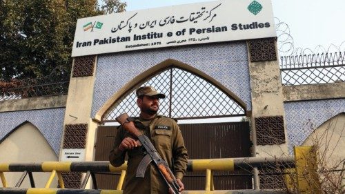 epa11089217 A Pakistani security official stands guard outside the Iranian cultural center, in ...