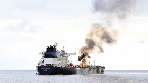 Smoke rises from Marlin Luanda, merchant vessel, after the vessel was struck by a Houthi anti-ship ...