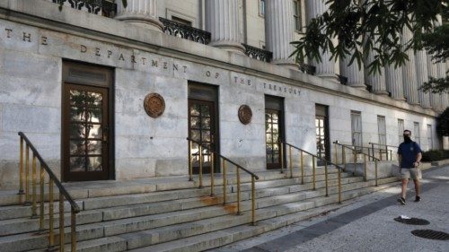 FILE PHOTO: Signage is seen at the United States Department of the Treasury headquarters in ...
