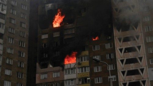 This photograph taken in Kyiv on February 7, 2024, shows a burning building damaged as a result of ... This photograph taken in Kyiv on February 7, 2024, shows a burning building damaged as a result of ...