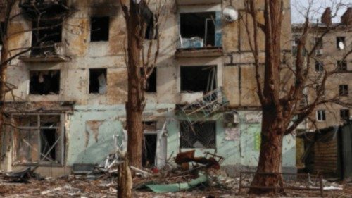 FILE PHOTO: A view shows residential buildings heavily damaged by permanent Russian military strikes ...