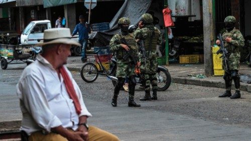 Colombian soldiers patrol a street in Tulua, Valle del Cauca department, Colombia on February 11, ...