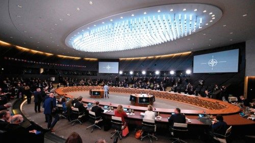This photograph taken on February 15, 2024 shows the meeting of Ministers of Defence of the North ...