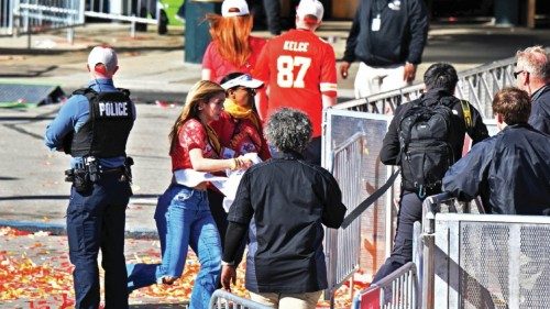 Feb 14, 2024; Kansas City, MO, USA; Fans leave the area after shots were fired after the celebration ... Feb 14, 2024; Kansas City, MO, USA; Fans leave the area after shots were fired after the celebration ...