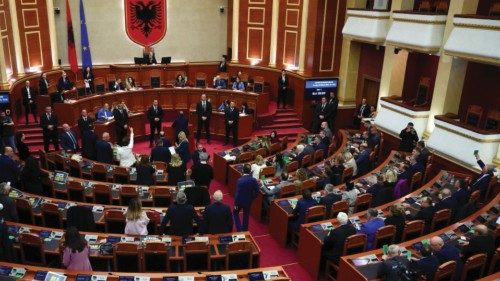 Members of the Albanian parliament from the opposition protest inside the parliament during a ... Members of the Albanian parliament from the opposition protest inside the parliament during a ...