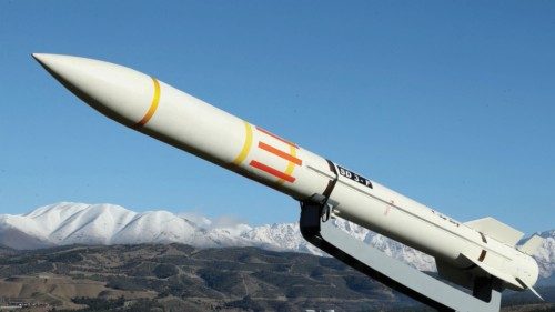 An Iranian missile is displayed during an unveiling ceremony in Tehran, Iran, in this picture ...