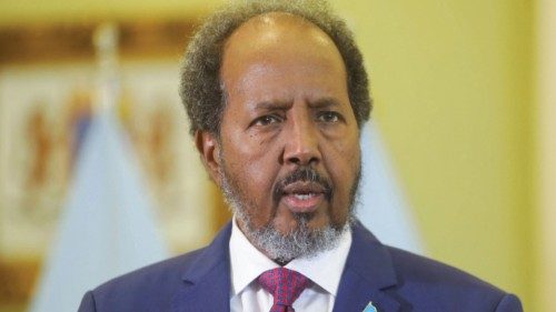 Somalia's President Hassan Sheikh Mohamud addresses the media inside his office in Mogadishu, ...