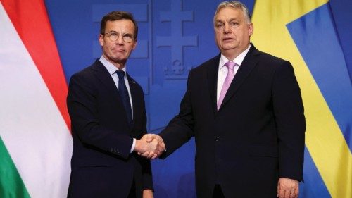 Swedish Prime Minister Ulf Kristersson and Hungarian Prime Minister Viktor Orban shake hands at a ... Swedish Prime Minister Ulf Kristersson and Hungarian Prime Minister Viktor Orban shake hands at a ...