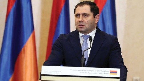 Armenian Defence Minister Suren Papikyanin attends a press conference following talks with French ...