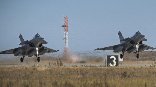 Two Dassault Rafale fighter jets take off for a mission from Fetesti Air Base, in the commune ...