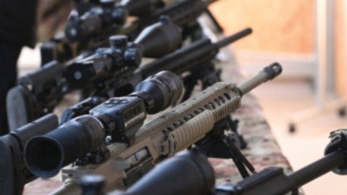 Assault weapons are displayed during the visit by the German and the Ukrainian Defence Ministers of ...