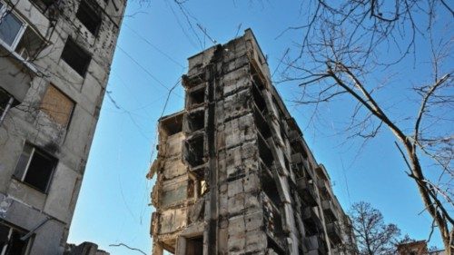 A view shows a heavily damaged apartment building in the frontline town of Orikhiv, amid Russia's ...