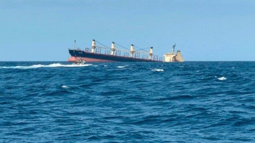 This picture taken on February 27, 2024 shows the Rubymar cargo ship sinking off the coast of Yemen. ... This picture taken on February 27, 2024 shows the Rubymar cargo ship sinking off the coast of Yemen. ...