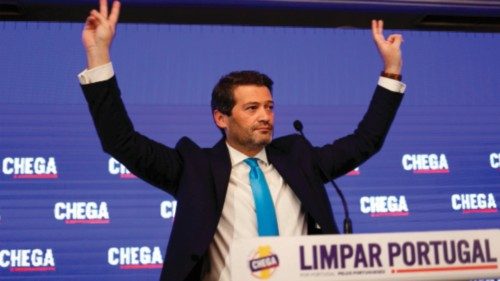 CHEGA leader Andre Ventura addresses supporters at Marriot Hotel, where the party holds the election ... CHEGA leader Andre Ventura addresses supporters at Marriot Hotel, where the party holds the election ...