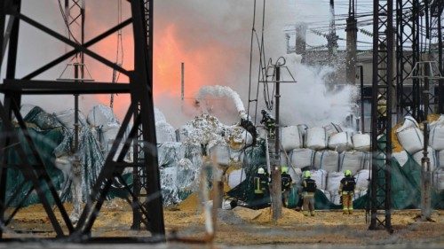 Firefighters extinguish a fire at an electrical substation after a missile attack in Kharkiv, on ... Firefighters extinguish a fire at an electrical substation after a missile attack in Kharkiv, on ...