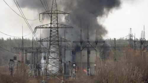 epa11236701 Smoke rises at the scene of a missile strike on high-voltage lines in the city of ...