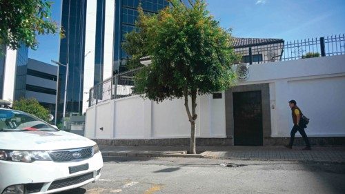 A man walks past the Mexican embassy in Quito on April 7, 2024. Ecuador faced criticism from the UN ...