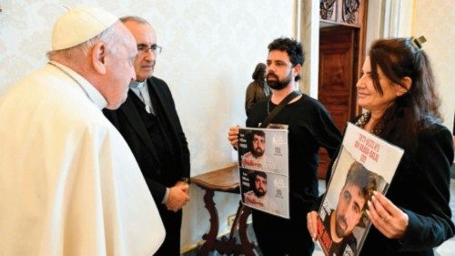 This photo taken and handout on April 8, 2024 by The Vatican Media shows Pope Francis during a ...