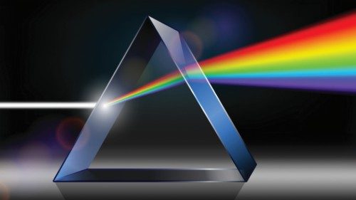 Optics physics. The white light shines through the prism. Produce rainbow colors in illustrator.