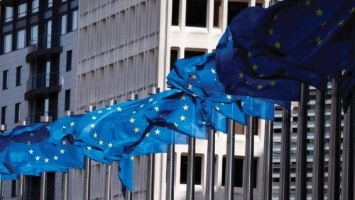 European Union flags fly outside the European Commission building in Brussel on April 12, 2024. ... European Union flags fly outside the European Commission building in Brussel on April 12, 2024. ...