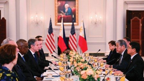 Philippines Foreign Secretary Enrique Manalo (2nd R) speaks during a meeting with US Secretary of ... Philippines Foreign Secretary Enrique Manalo (2nd R) speaks during a meeting with US Secretary of ...