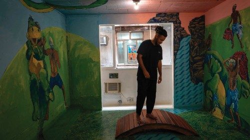 Brazilian artist Maxwell Alexandre shows one of his studios at the Rocinha favela in Rio de Janeiro, ...